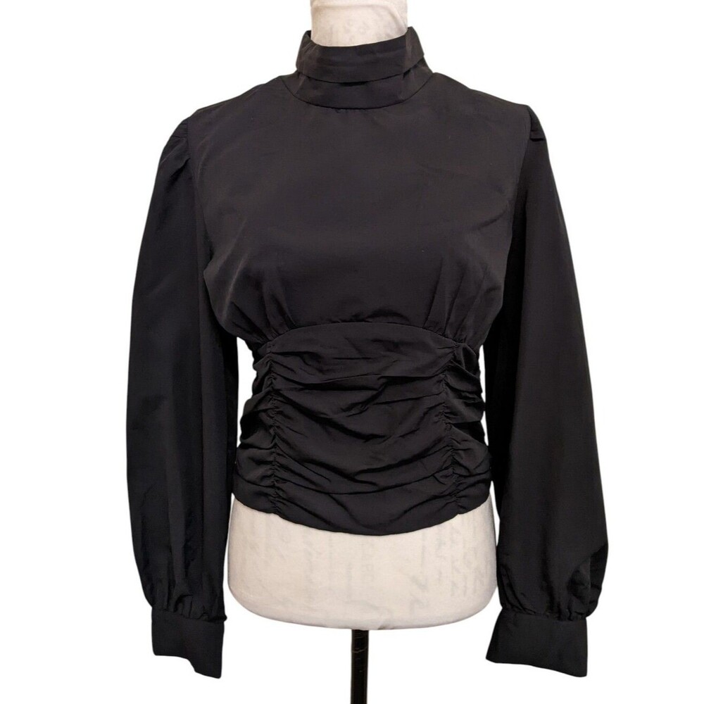 Women's Black Ruched High-Neck Whimsigoth Victorian Smocked Top Large